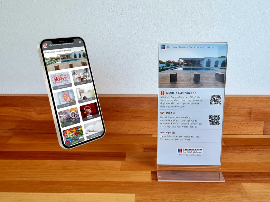 Einen Aufsteller im Ferienhaus mit einem QR-Code für WLAN