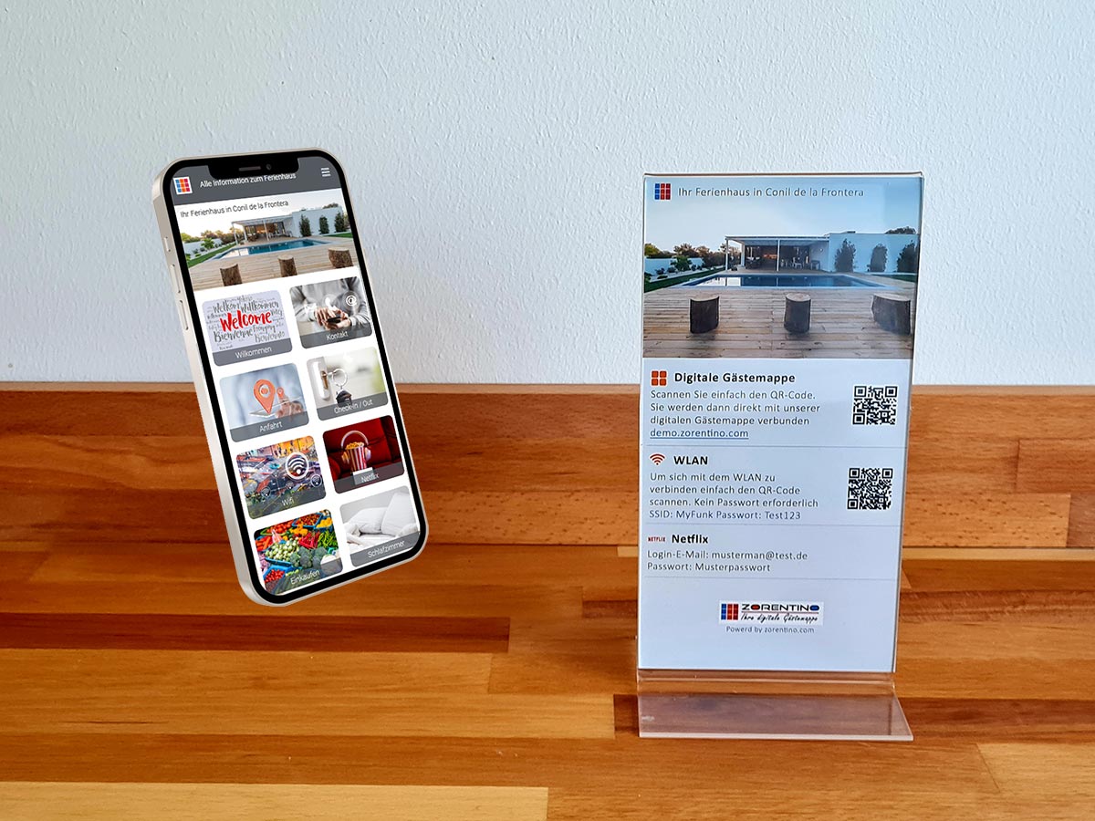 Einen Aufsteller im Ferienhaus mit einem QR-Code für WLAN