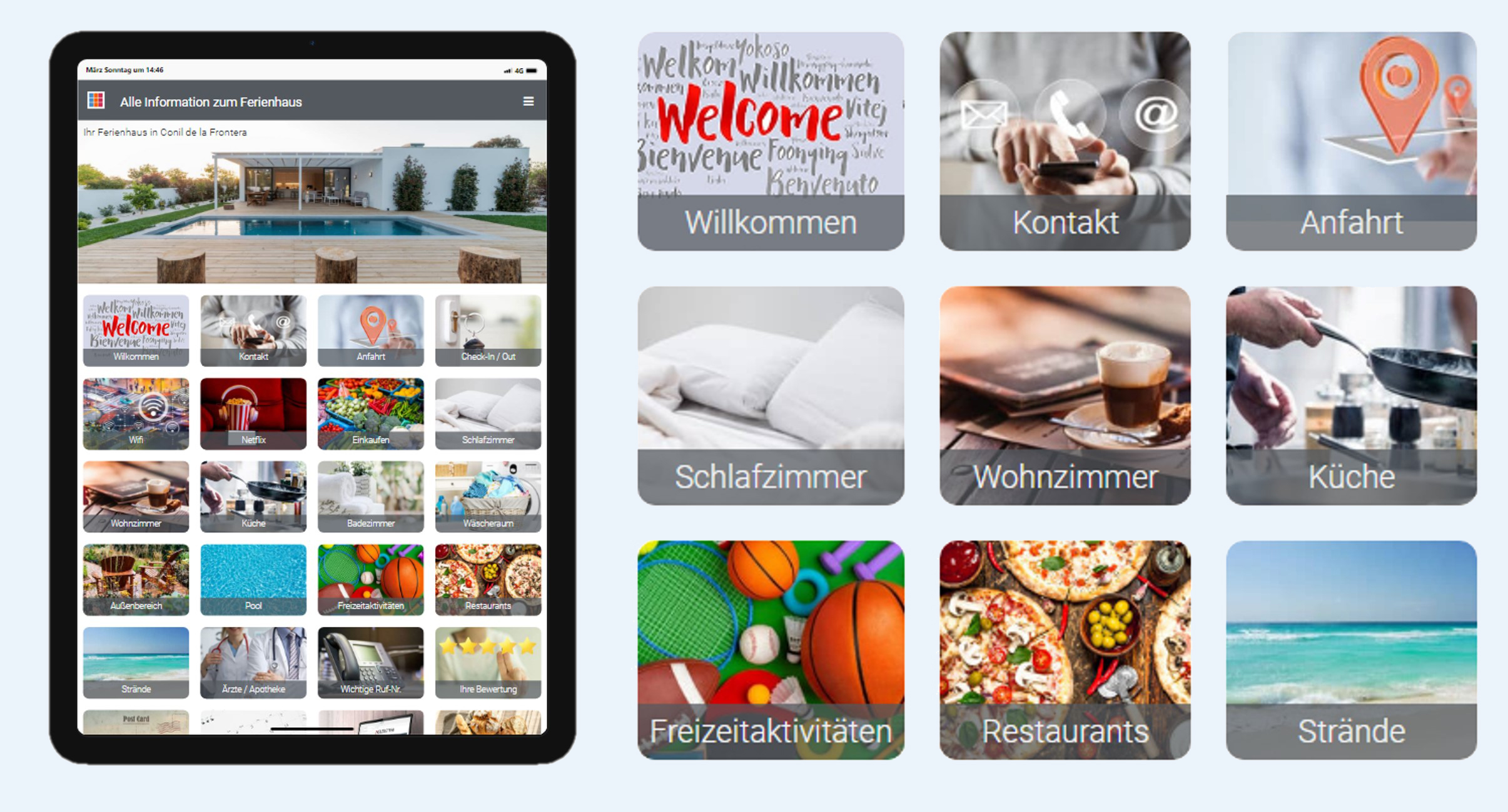 Übersichtliche digitale Gästemappe mit vielen Rubriken